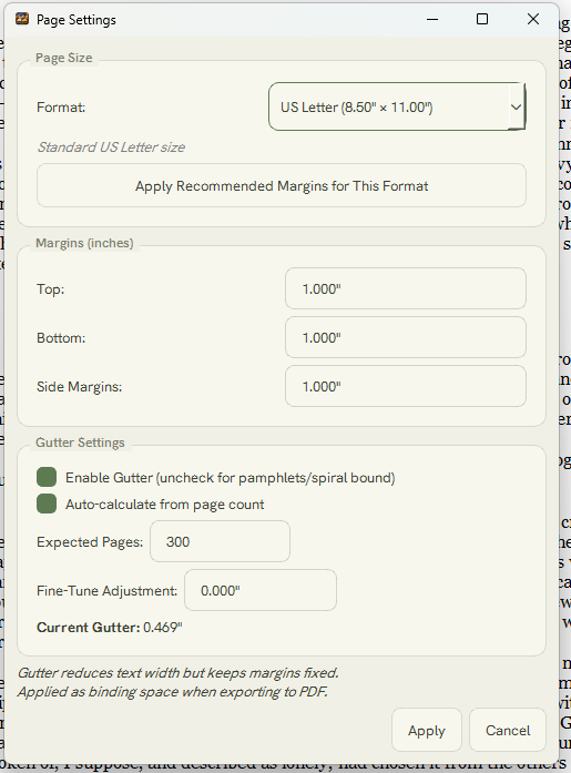 Page settings and gutter controls