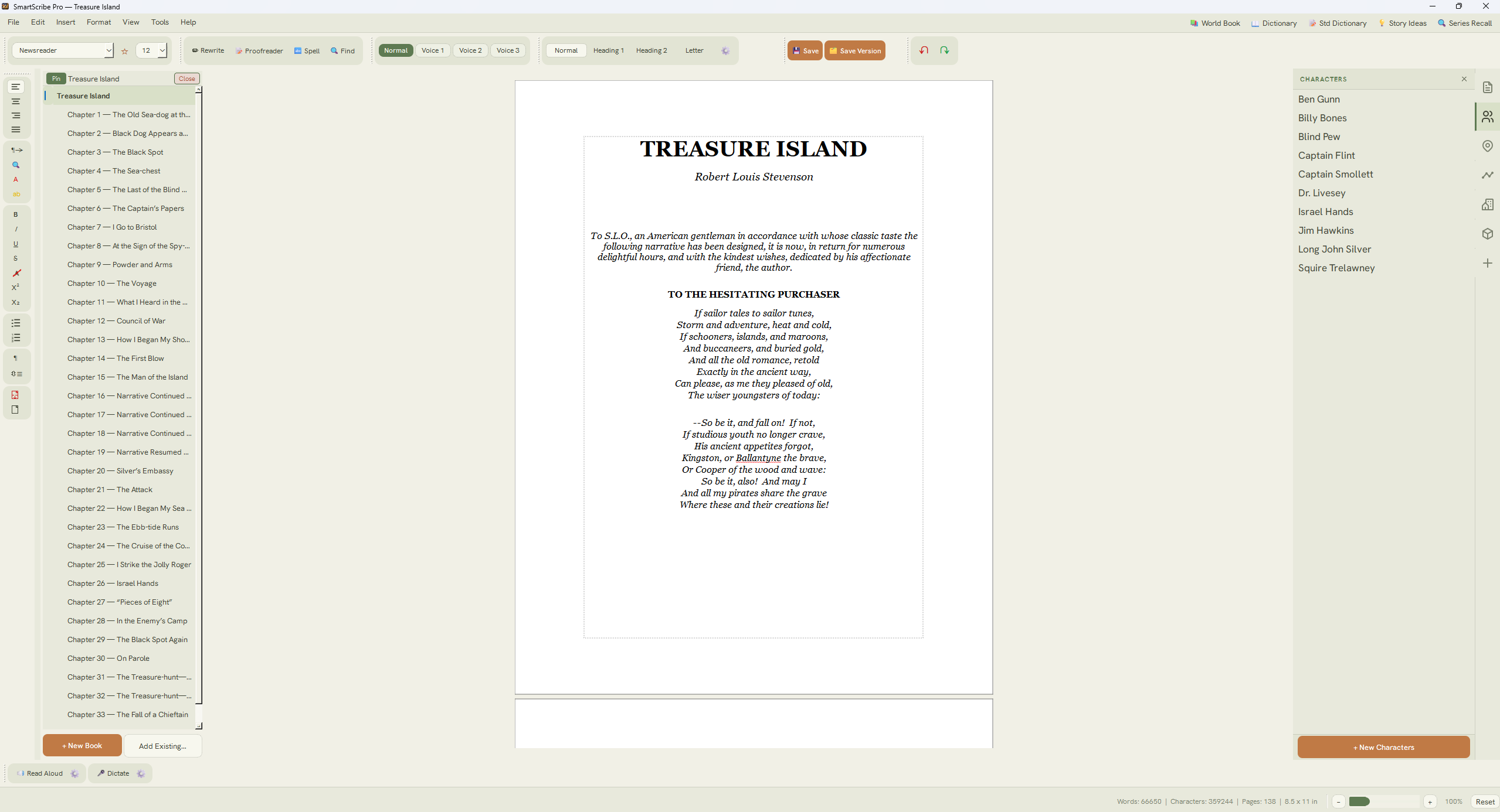 SmartScribe Pro showing Treasure Island laid out as a printed book, with the chapter navigator and character panel